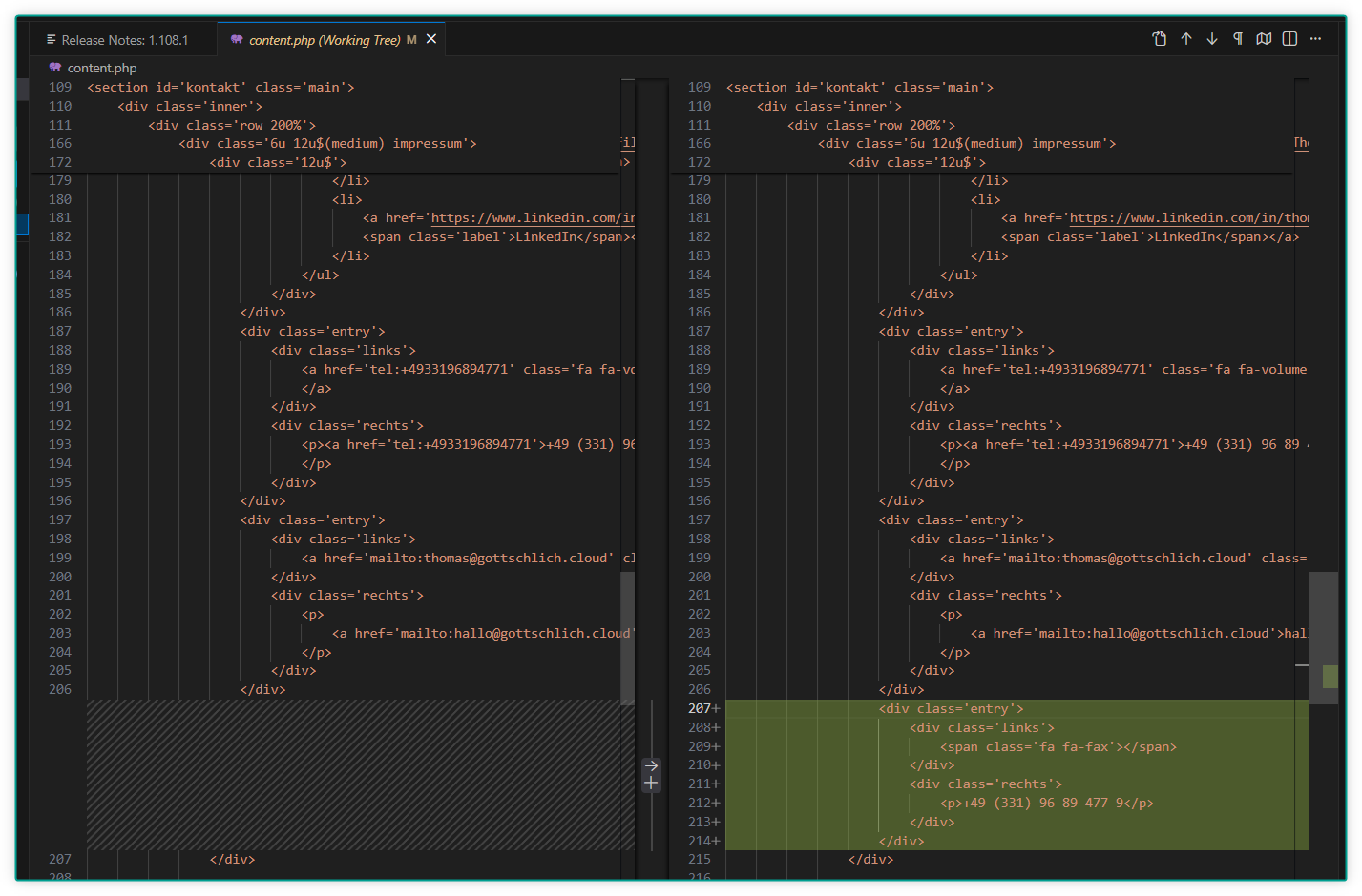 Editor-Ansicht der Code-Änderungen