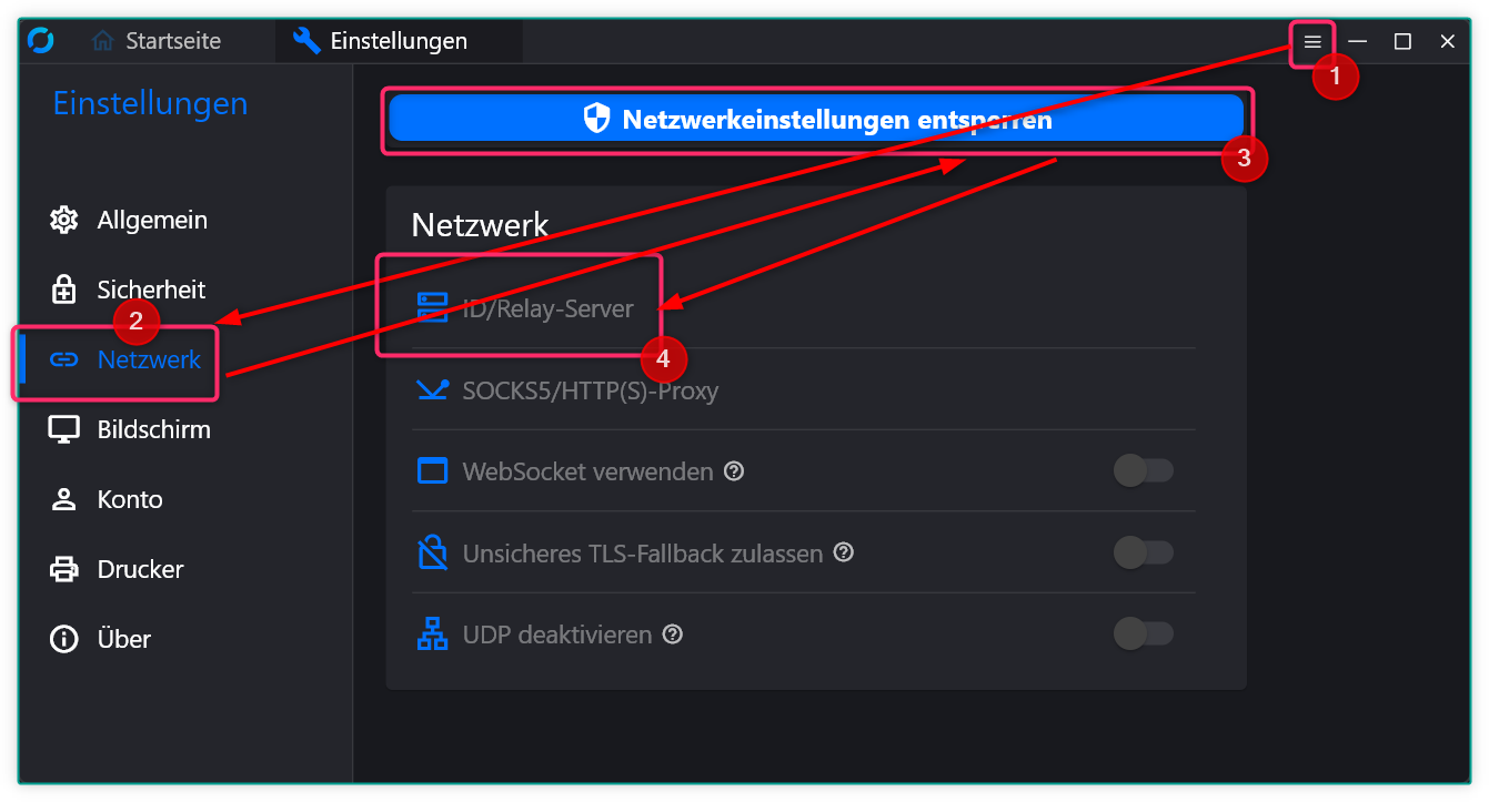 Einstellungen: Men&uuml; (1), Netzwerk (2), Netzwerkeinstellungen entsperren (3), ID/Relay-Server (4)