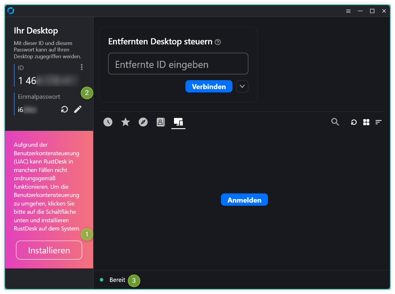 RustDesk nach dem Start: Installieren (1), ID und Einmalpasswort (2), Status Bereit (3)